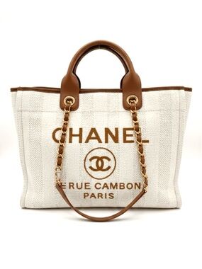 CHANEL Deauville Cream Canvas Tote with Brown Leather Trim & Gold Tone Hardware